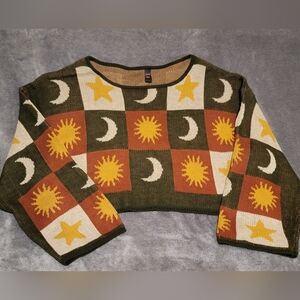 ROMWE Women's Sun and Moon Crop Patchwork Sweater Sz 2XL - Olive, Mustard, Rust